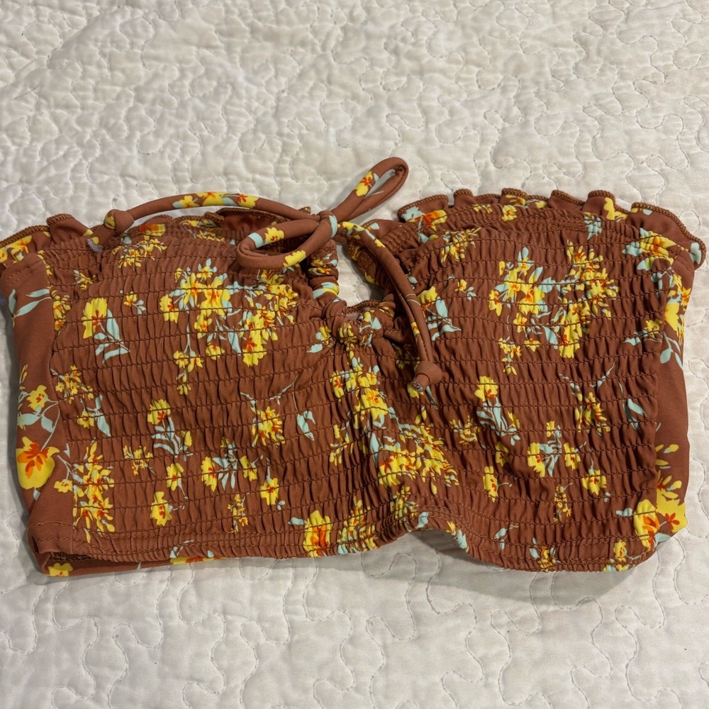 Floral Smocked Brown Bandeau Bikini Top
